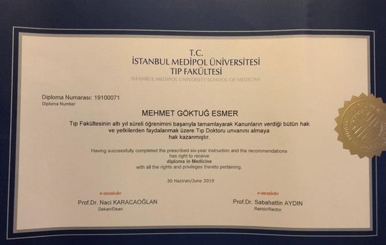 Tıp Fakültesi Diploması – İstanbul Medipol Üniversitesi – Op. Dr. Göktuğ Esmer